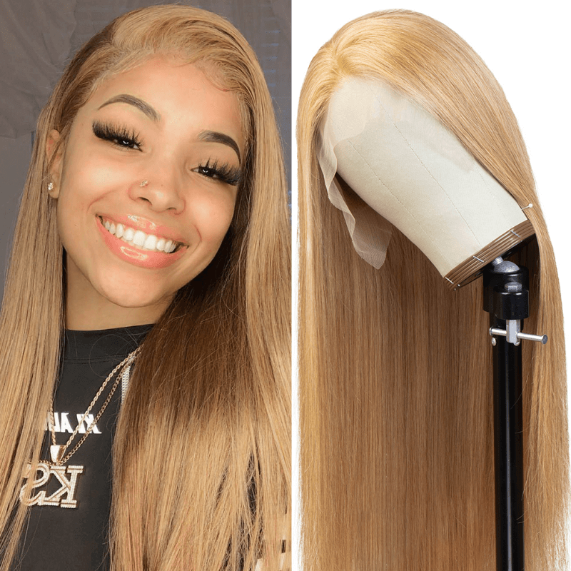 Human Hair 13x4 Transparent Lace Front  #27 Blonde Color Straight Wigs